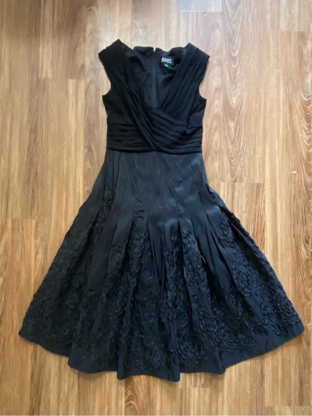 Adrianna Papell Black Taffeta Cocktail Dress Pleated Crossover Bodice Fit Flare
